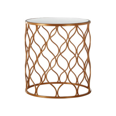 Interiors By Premier Set of 2 Copper Accent Tables With Mirrored Tops,Round Tables With Wave Design Metal Frames,Luxe Side Tables