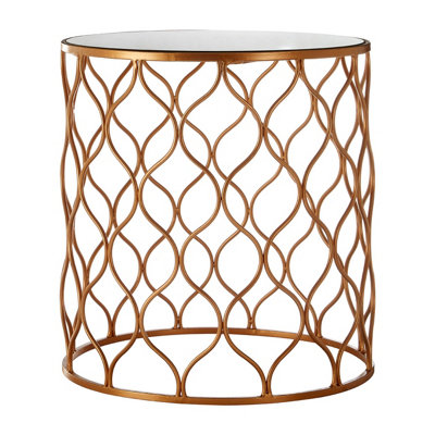 Interiors By Premier Set of 2 Copper Accent Tables With Mirrored Tops,Round Tables With Wave Design Metal Frames,Luxe Side Tables