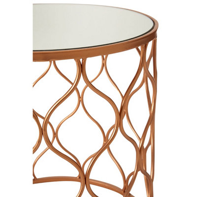 Interiors By Premier Set of 2 Copper Accent Tables With Mirrored Tops,Round Tables With Wave Design Metal Frames,Luxe Side Tables