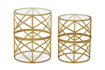 Interiors by Premier Set Of 2   Diamond Pattern Side Table, Round Bedside Table With Marble Top,  Gold Metallic Nesting Table