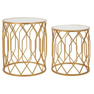 Interiors By Premier Set Of 2 Gold Frame Round Side Tables,Bedside Table With Mirrored Top,Gold Finished Accent Table,Round Table