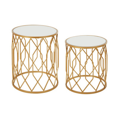 Interiors By Premier Set Of 2 Gold Frame Round Side Tables,Bedside Table With Mirrored Top,Gold Finished Accent Table,Round Table
