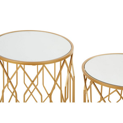 Interiors By Premier Set Of 2 Gold Frame Round Side Tables,Bedside Table With Mirrored Top,Gold Finished Accent Table,Round Table
