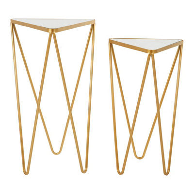 Interiors By Premier Set of 2 Gold Triangle Side Tables With Mirrored Tops,Gold Nesting Tables,Glass End Tables,Bedside Tables