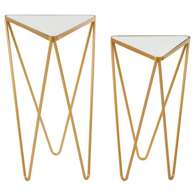 Interiors By Premier Set of 2 Gold Triangle Side Tables With Mirrored Tops,Gold Nesting Tables,Glass End Tables,Bedside Tables