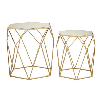 Interiors By Premier Set of 2 Hexagonal Mirrored Top Side Tables,Nesting Tables With Champagne Finish,Decorative Accent Tables