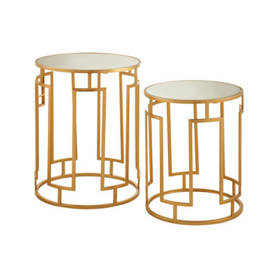 Interiors By Premier Set Of 2 Mirrored Top Round Side Tables,Gold Nesting Tables For Lounge,Bohemian  Accent Tables, Small Tables