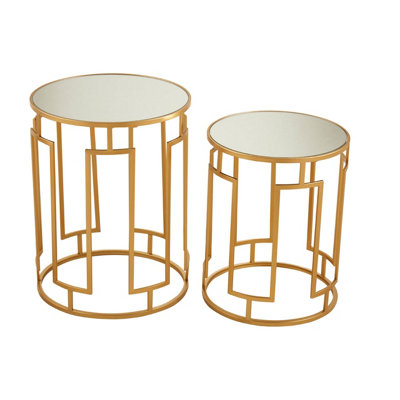 Interiors By Premier Set Of 2 Mirrored Top Round Side Tables,Gold Nesting Tables For Lounge,Bohemian  Accent Tables, Small Tables