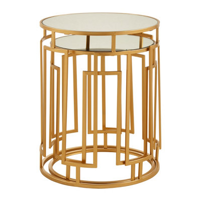 Interiors By Premier Set Of 2 Mirrored Top Round Side Tables,Gold Nesting Tables For Lounge,Bohemian  Accent Tables, Small Tables