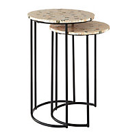 Interiors by Premier Set of 2 Pearl Side Nesting Tables, Round Top Tables with Black Iron Legs, Couch Side Tables for Living Room