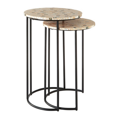 Interiors by Premier Set of 2 Pearl Side Nesting Tables, Round Top Tables with Black Iron Legs, Couch Side Tables for Living Room