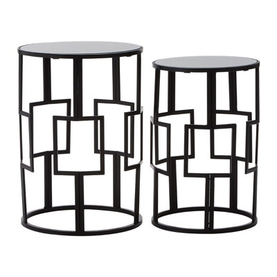 Interiors By Premier Set of 2 Symmetrical Black Square Tables With Mirrored Tops,Square Accent Tables,Iron Framed End Tables
