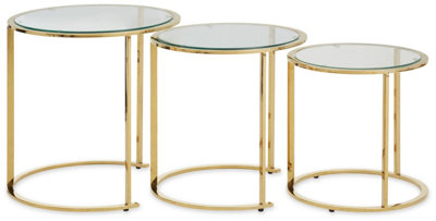 Interiors by Premier Set of 3 Gold Brushed Nesting Tables, Modern Clear Glass Top Tables, Stylish and Functional Side Tables