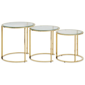 Interiors by Premier Set of 3 Gold Brushed Nesting Tables, Modern Clear Glass Top Tables, Stylish and Functional Side Tables