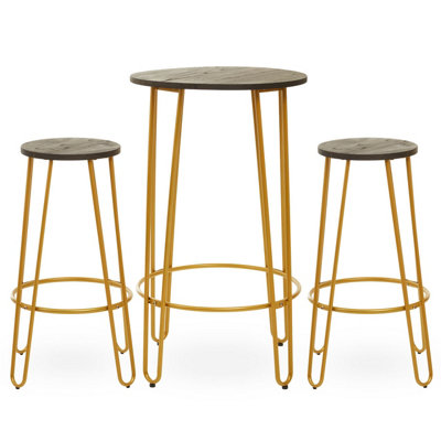 Interiors by Premier Set of 3 Gold Frame Bar Table Stool Set , Hairpin Stool for Kitchen Counter, Elm Wood Metal Frame Stool