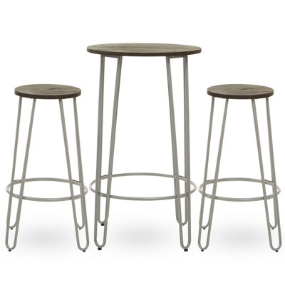 Interiors by Premier Set of 3 Grey Frame Bar Table Stool Set , Hairpin Stool for Kitchen Counter, Elm Wood Metal Frame Stool