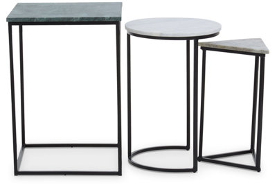 Interiors by Premier Set of 3 Marble Top Side Tables Set, Square, Circle, Triangle End Tables, Black Powder Coated Frame