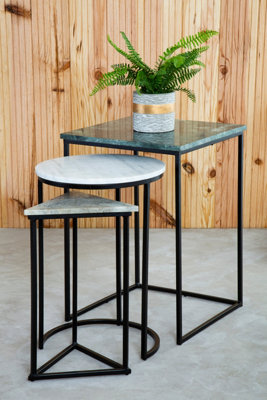 Interiors by Premier Set of 3 Marble Top Side Tables Set, Square, Circle, Triangle End Tables, Black Powder Coated Frame