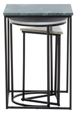 Interiors by Premier Set of 3 Marble Top Side Tables Set, Square, Circle, Triangle End Tables, Black Powder Coated Frame