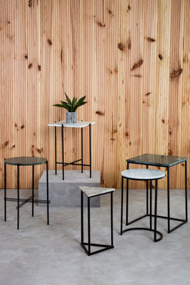 Interiors by Premier Set of 3 Marble Top Side Tables Set, Square, Circle, Triangle End Tables, Black Powder Coated Frame