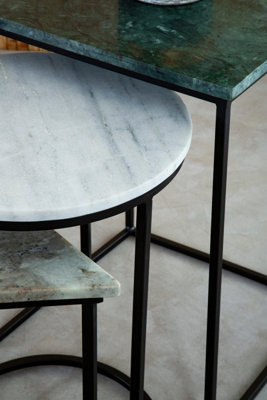 Interiors by Premier Set of 3 Marble Top Side Tables Set, Square, Circle, Triangle End Tables, Black Powder Coated Frame
