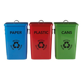 Interiors by Premier Set of 3 Recycle Logo Bins, 26L Galvanized Steel Recycle Bins for Paper, Plastic, and Cans, Kitchen Bin