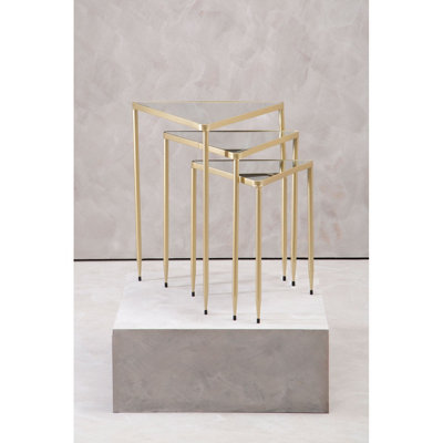 Interiors By Premier Set of 3 Triangle Nesting Tables,Gold Side Tables With Mirrored Tops,Sleek Triangle End Tables,Accent Tables