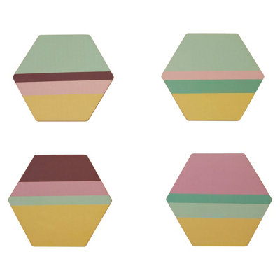 Interiors By Premier Set Of 4 Miami Striped Gold Foil Coasters,Vibrant Cork Coasters With Hexagonal Design,Perfect For Gifting