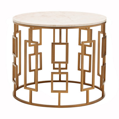 Interiors by Premier Shalimar White Marble Top Side Table with Gold Finish Base