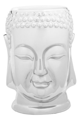 Interiors by Premier Silver Buddha Ceramic Side Table, Modern Silver Side Table, Buddha Face Side Table, Black Top Side Table