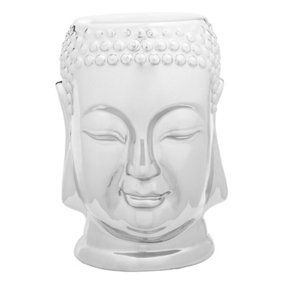 Interiors by Premier Silver Buddha Ceramic Side Table, Modern Silver Side Table, Buddha Face Side Table, Black Top Side Table