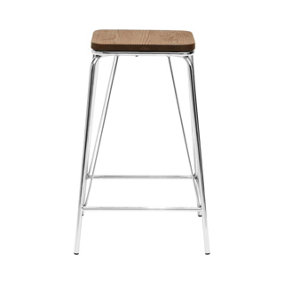 Interiors by Premier Sleek Chrome Metal and Elm Wood Stool, Sturdy And Reliable Large Square Stool, Wooden Bar Stool for Home Bar