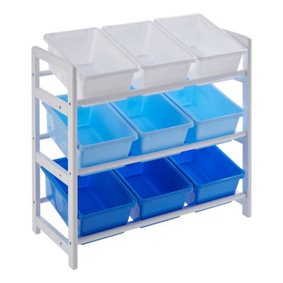 Interiors By Premier Sleek Three Tier White And Blue Storage Unit, Angled Buckets Storage Unit For Kids Room, Slim Storage Boxes