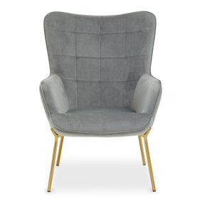 Interiors by Premier Stockholm Grey Velvet Armchair with Gold Legs, High Back Patterned Armchair, Easy to Maintain Bucket Chair