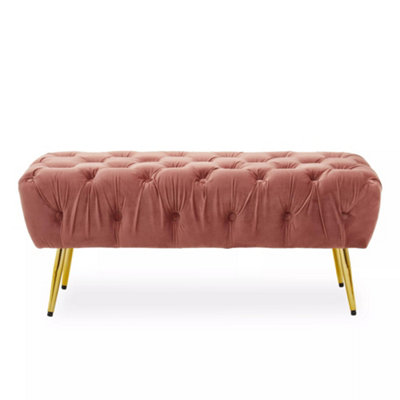 Interiors by Premier Stylish Dusty Pink Velvet Footstool with Gold Leg, Decent Gold Polished Footrest, Rectangular Ottoman Stool