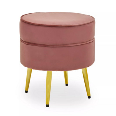 Interiors by Premier Stylish Dusty Pink Velvet Gold Leg Footstool, Elegant Mid-century Wooden Footrest For Bedrooms and Hallways