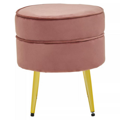 Interiors by Premier Stylish Dusty Pink Velvet Gold Leg Footstool, Elegant Mid-century Wooden Footrest For Bedrooms and Hallways
