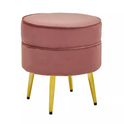 Interiors by Premier Stylish Dusty Pink Velvet Gold Leg Footstool, Elegant Mid-century Wooden Footrest For Bedrooms and Hallways