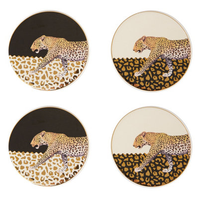 Interiors By Premier Stylish Set of 4 Coasters,Black & White Leopard Design Coasters With Gold Detailing,Stoneware Coasters
