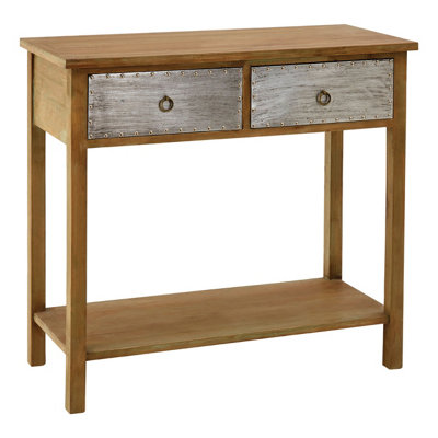 Interiors by Premier Two Drawer Console Table, Chic Hallway Table, 2 Metal Drawer Solid Wood Console Table, Rustic Console Table