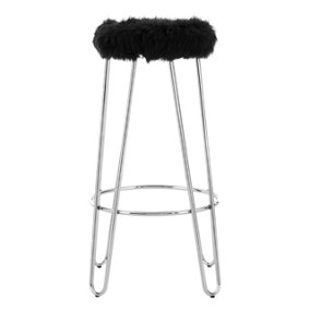 Interiors by Premier Versatile Chrome Metal and Black Faux Fur Bar Stool, Hairpin Round Stool, Plush Stool for Kitchen Counter