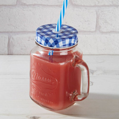 Interiors by Premier Versatile Embossed Coloured Mason Jar Mug With Blue Gingham Lid, Embossed Glass Bottle With Metal Lid