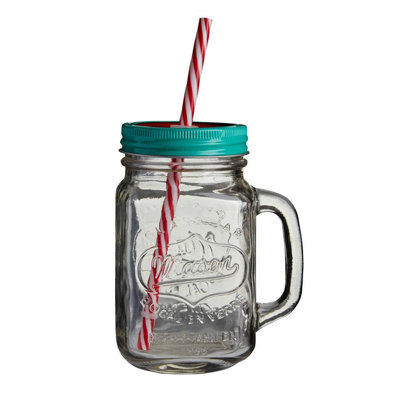 Interiors by Premier Versatile Embossed Coloured Mason Jar Mug With Watermelon Lid, Embossed Glass Bottle With Metal Lid