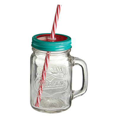 Interiors by Premier Versatile Embossed Coloured Mason Jar Mug With Watermelon Lid, Embossed Glass Bottle With Metal Lid