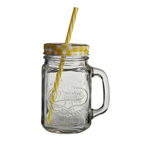 Interiors by Premier Versatile Embossed Coloured Mason Jar Mug With Yellow Lid, Embossed Clear Glass Bottle With Metal Lid