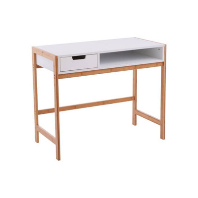 Interiors by Premier White 1 Drawer Desk, Durable Computer Desk with Natural Wood Legs, Study Table Bedside Desk for Home