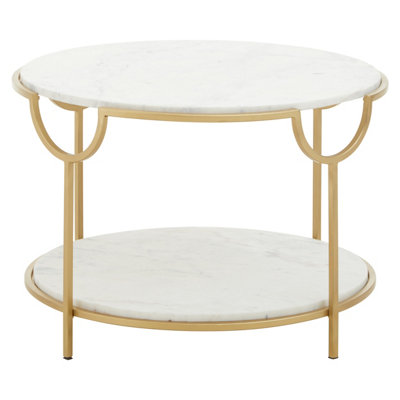 Interiors by Premier White Marble Stone Gold Finish Side Table, Iron Frame End Table with 2 Tier Design, Modern Side Table
