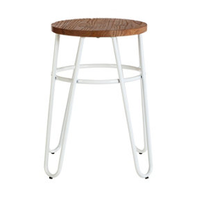 Interiors by Premier White Metal and Elm Wood Round Stool, Small Hairpin Stool, Versatile Metal Stool for Home, Office, Bedroom
