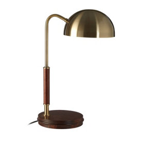 Interiors By Premier Wooden Base Antique Brass Finish Task Lamp, Linear Tube Design Bedside Table Light, Sleek Lamp On A Table