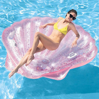 INTEX INFLATEABLE SEA SHELL MEGA FLOAT (178CM X 165CM) PINK GLITTER COMPLETE WITH CUP HOLDER AND HANDLES GIANT LOUNGER POOL